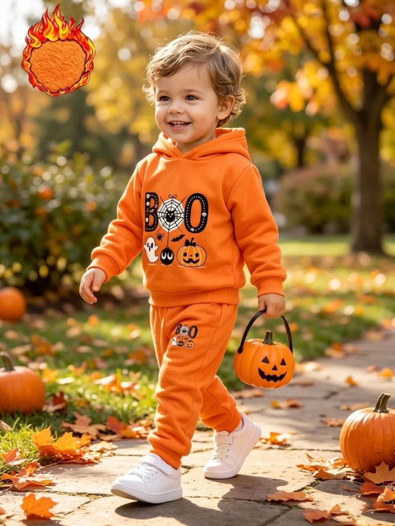 Halloween Kids Boy Clothes Set Winter Warm Fleece Pumpkin Ghost Printed Hoodie Pants 2Pcs Toddler Tracksuit Outfit