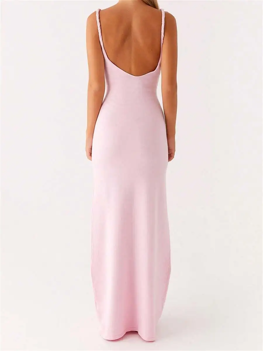 

Women Sleeveless Backless V-Neck Solid Color Long Dress For Party Vacation Beach