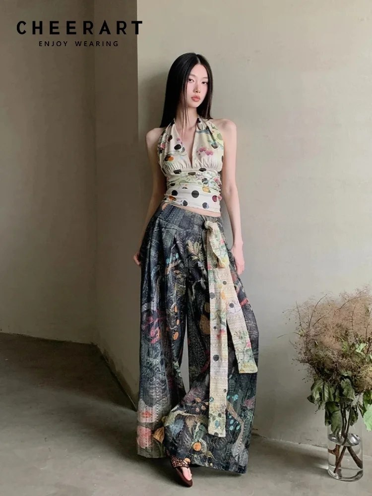 

CHEERART Fruit And Flower Polka Dot Backless Top And Pant Summer 2 Pieces Set For Woman Beach Club Outfit New In Matching Set