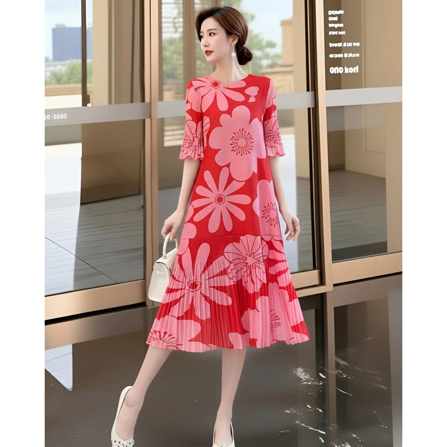 

Miyake Pleated Women's Casual Dress 2026 New Japanese Design Fashion Printed O Neck Mid-sleeve Elegant Pleated Mid-length Skirt