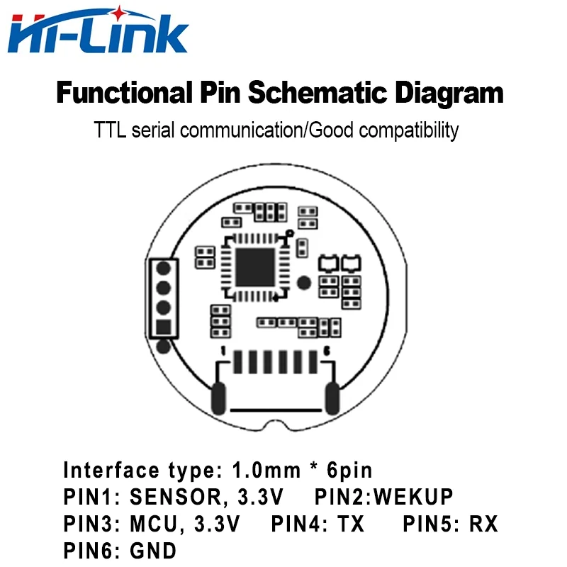 Круглый полупроводниковый модуль Hi-Link UART ZW0922, емкостный сенсорный датчик отпечатков пальцев, разрешение 508 точек на дюйм, 8-битный серый масштаб