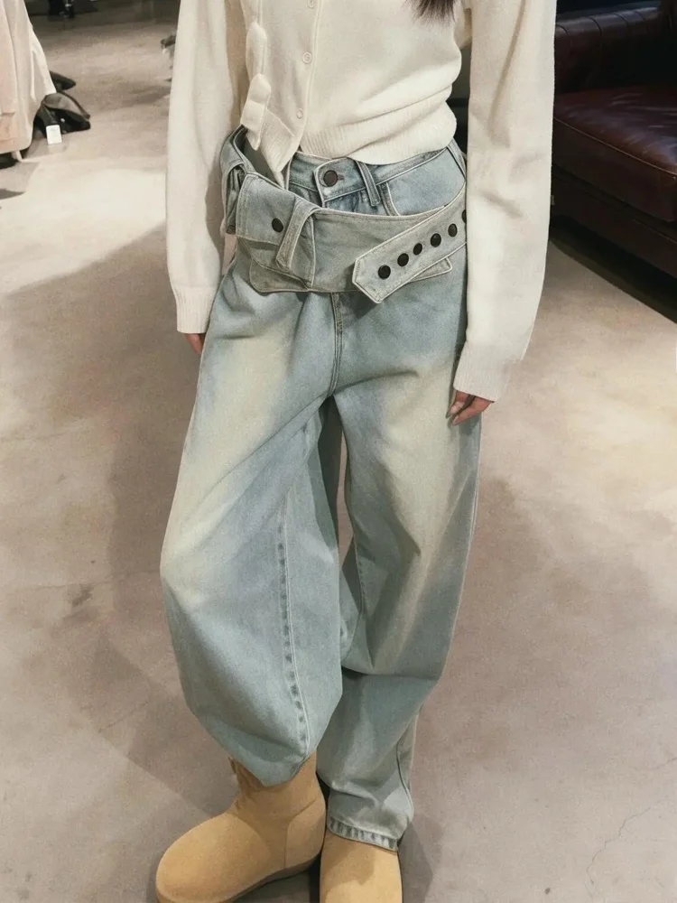 

American High Street Design Waist Seal Splicing Denim Women's Spicy Retro Waed Long Pants High Waist Neutral Sle Loose Fit