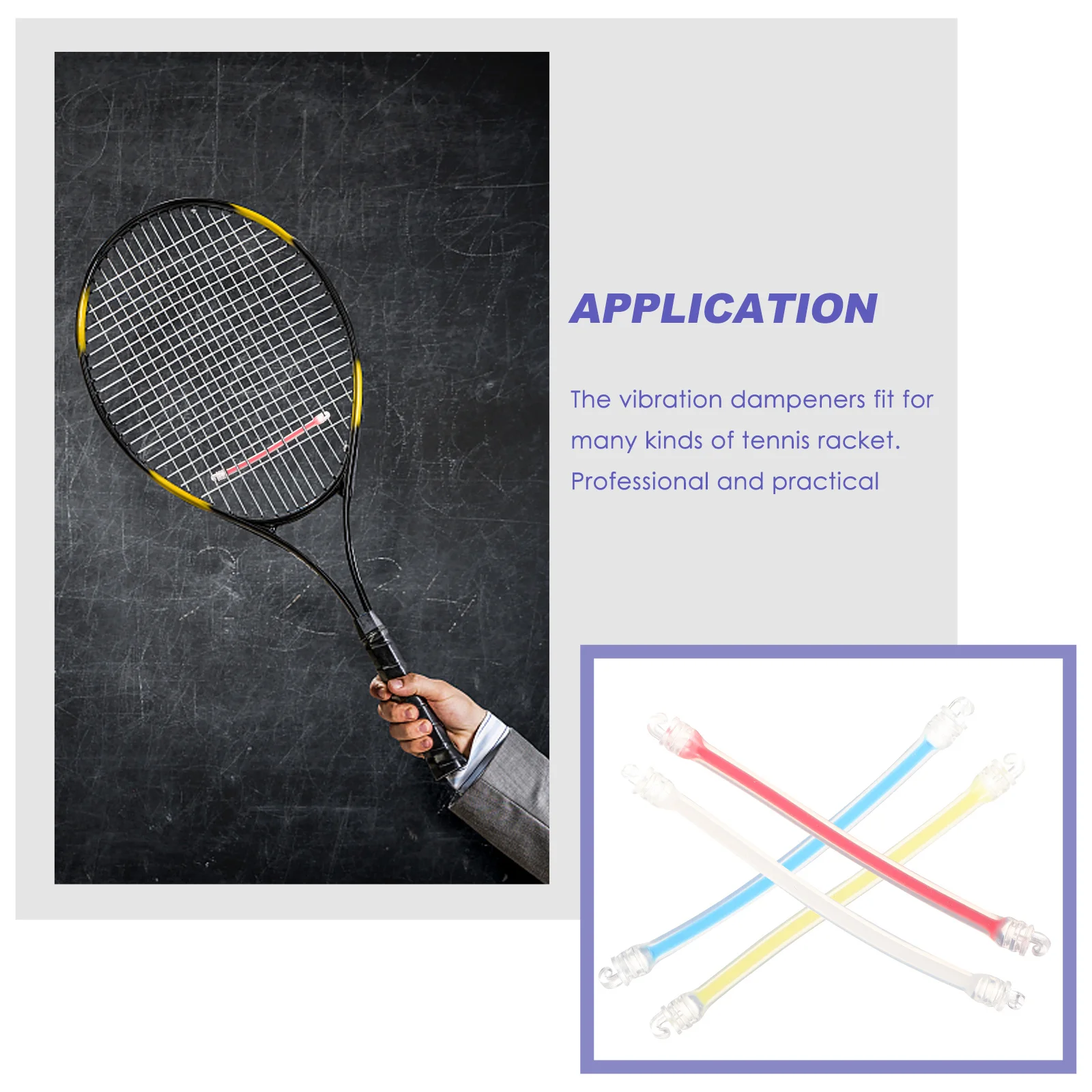 

4 Pieces Tennis Racket Shock Absorber Silicone Long Strip Double Hooks Vibration Dampeners Yellow Red Blue White Color Tennis