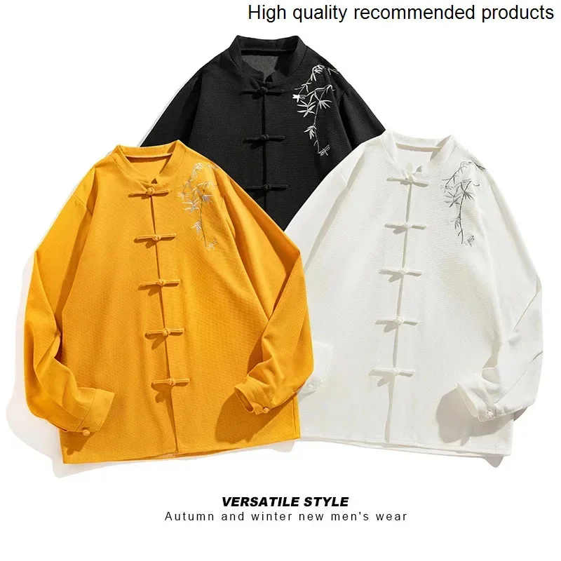 

Chinese Shirt Casual Tang Suit Style Mens Shirt Bamboo Embroidery Summer Cool Shirt Stand Collar Long Sleeve men Shirts