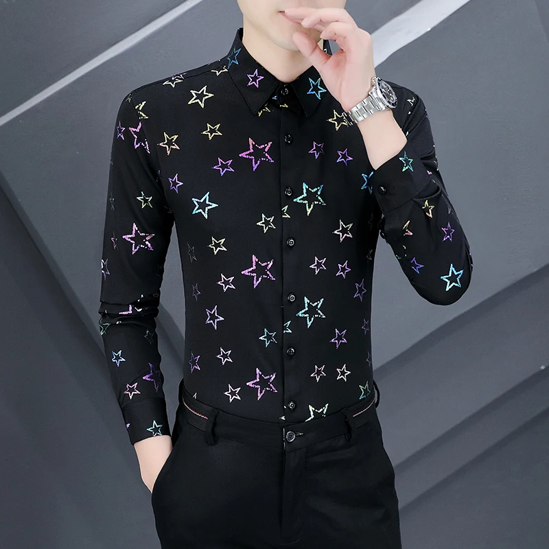 

Five-Pointed Star Bronzing Printing Luxury Long Sleeve Men Shirt Autumn New Quality Comfortable Breathable Slim Camisa Masculina