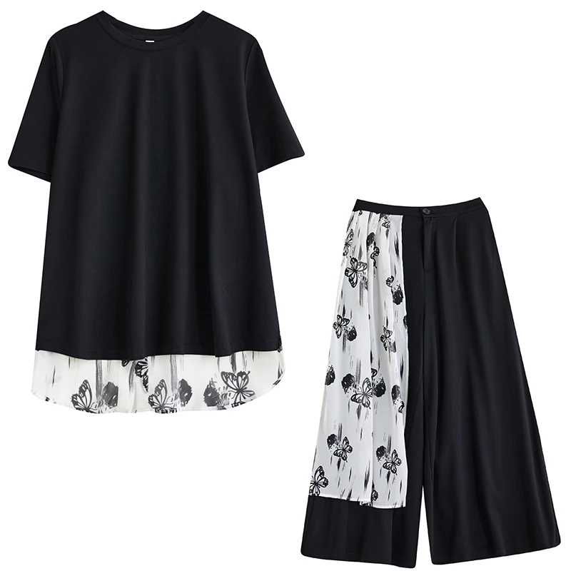 Verano nuevo suelto artístico Faion Print Ba Splice Top pantalones de pierna ancha conjunto de dos piezas poliéster para mujer ort Sve...