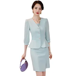 Set da 2 pezzi da donna 2024 New Fashion Lantern Sleeve Jacket + White Blue Dress Suit Office Ladies Business blazer gonna Set