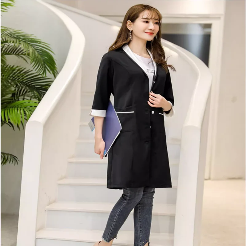 

Women's All Seasons Middle Sleeve Black Uniform Spa Dept. Skincare Doctor's Overcoat Nurse Working UniformSlim Fit