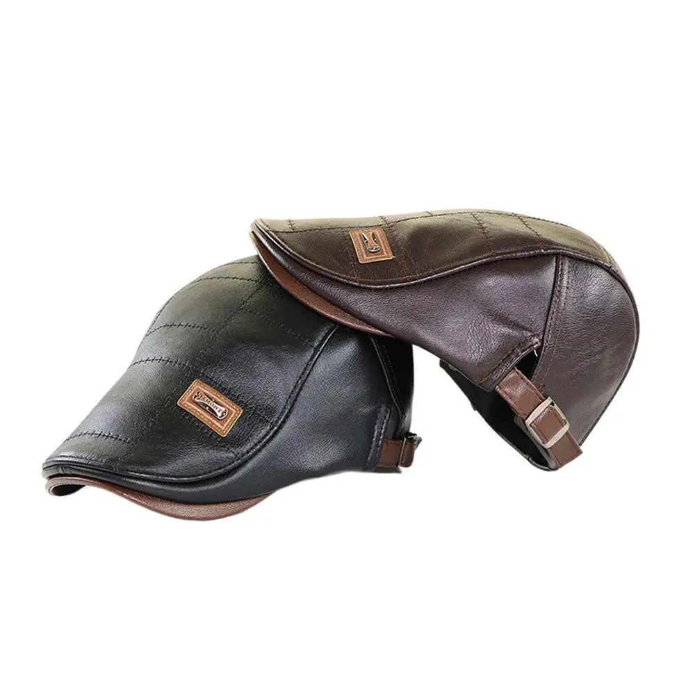 Retro Adjustable British Style Cabbie Newsboy Solid Color Leather Flat Cap Forward Peaked Cap Men Beret Hat Korean Style Hat