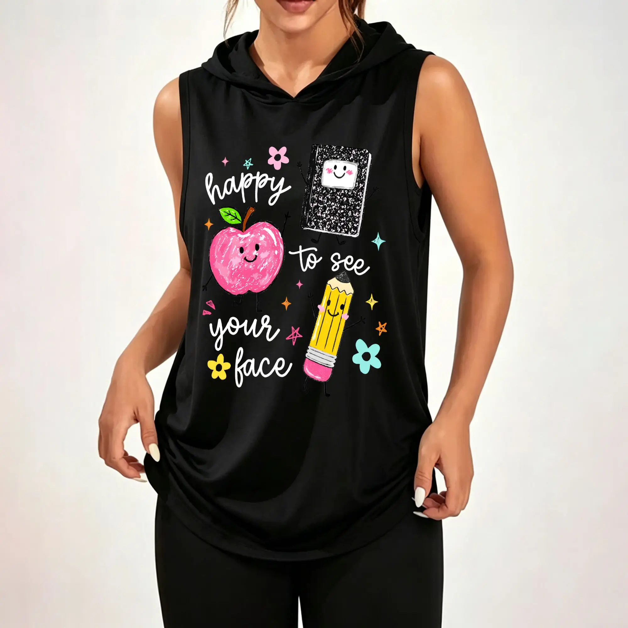 Women's Sleeveless Hoodie, Happy To See Your Face Cute Apple Pencil Notebook Floral School Theme Graphic Print Casual Hooded Tank Top