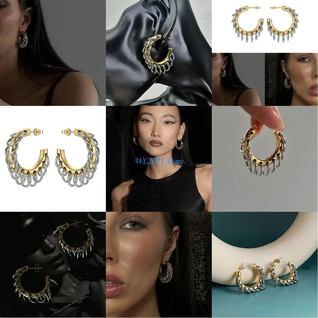 G5GC Stylish Metal Chain C shaped Earrings with Rings for Women and Man Party Jewelry