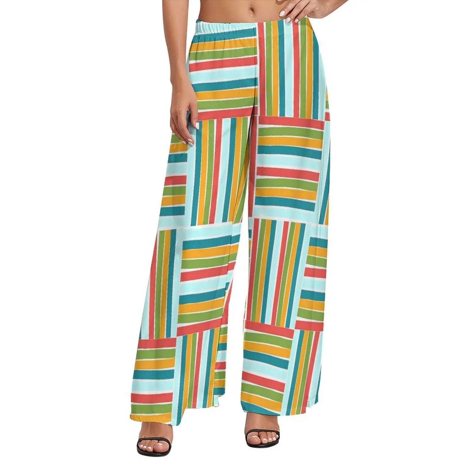 

Color Block Pants Ladies Colorful Stripes Street Fashion Trousers High Waisted Workout Wide Pants Birthday Present