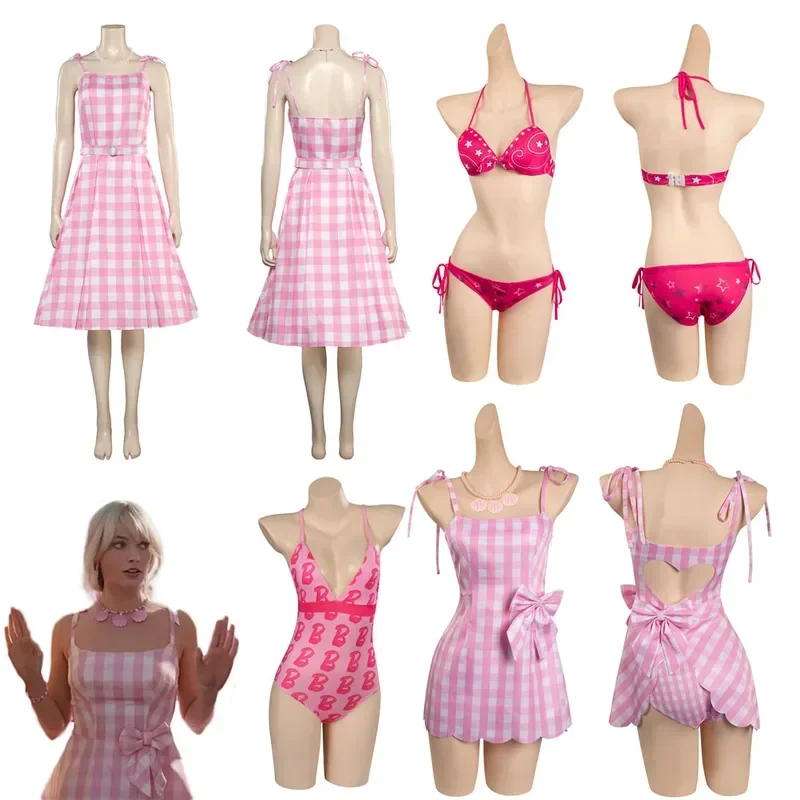 Margot Cosplay Kawaii Pink Plaid Dress Women Costume 2023 Movie Barbei Roleplay Fantasia Halloween Party Clothes For Disguise