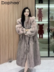 Retro Puff Sleeve Long Furry Coat Female  Round Neck Long-Sleeved Thickened Warm Windbreaker Jacket Winter Coat Women