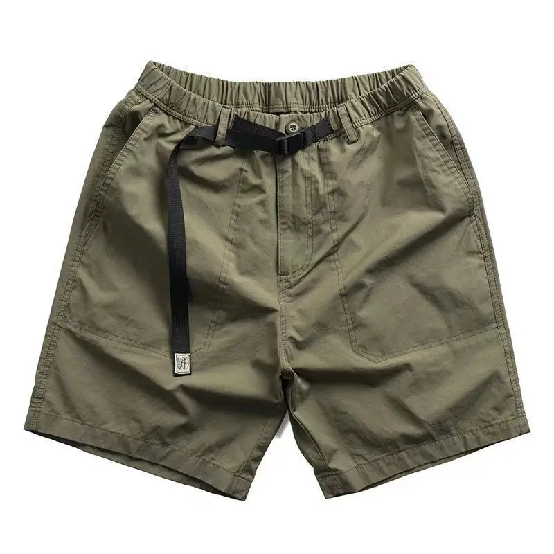 Summer Half Pants Trendy Brand American Retro Tooling Shorts Men's Loose Casual Buckle Washed Thin Elastic Waist Shorts Man