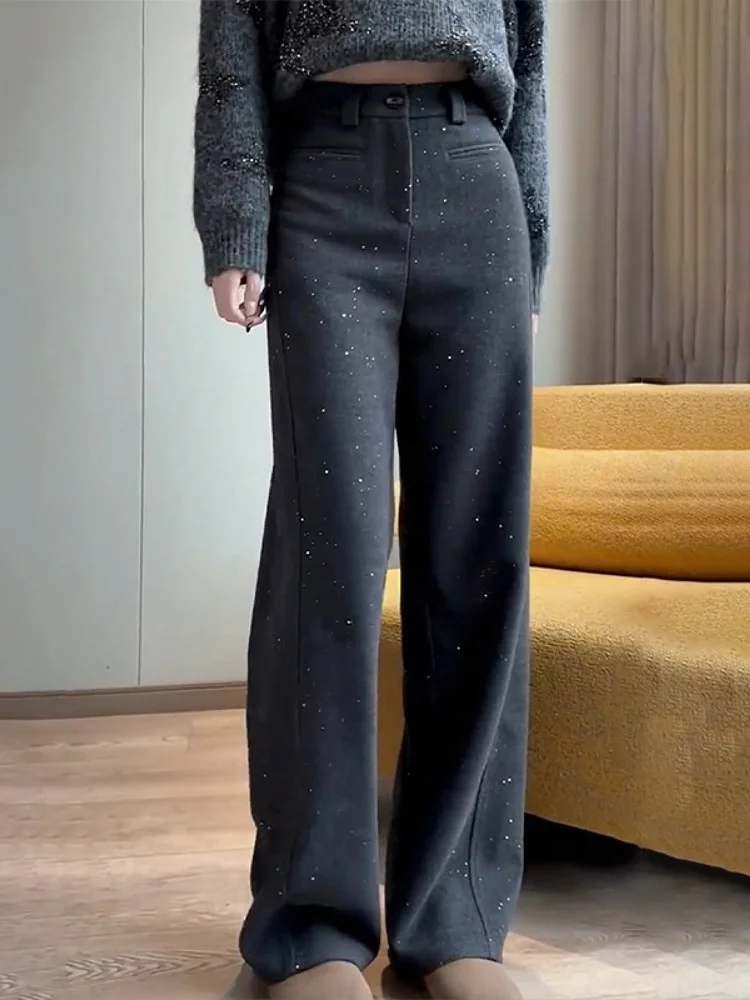 

Женские прямые брюки с пайетками, утепленные, с высокой талией, универсальные, в пол, новая весенняя коллекция