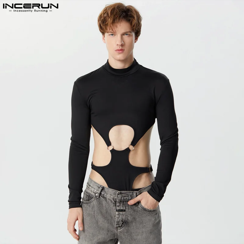 

INCERUN 2023 Sexy Men's Bodysuits Hollow Design Jumpsuits Male Solid Hot Sale Half High Neck Long Sleeved Triangle Rompers S-5XL