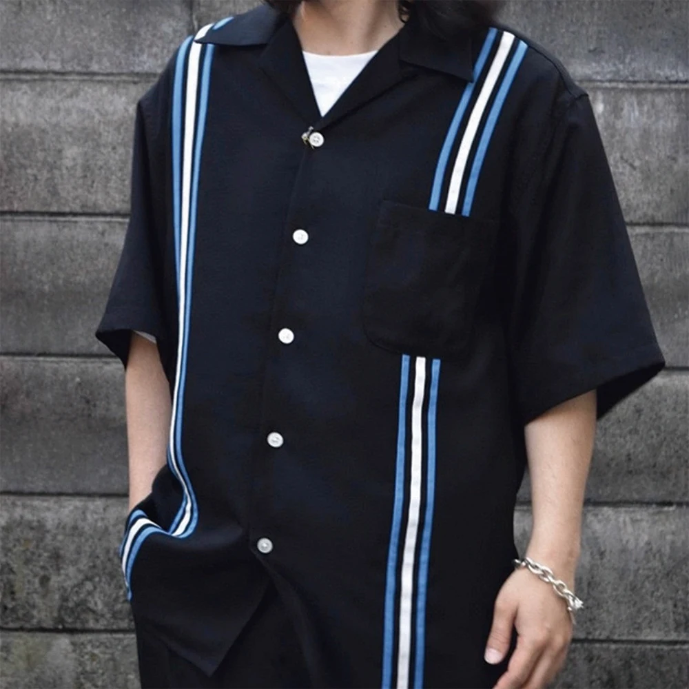 

Cuban pendant feel Japanese retro patchwork silhouette short-sleeved men's Hawaiian casual cool and high-end versatile shirt