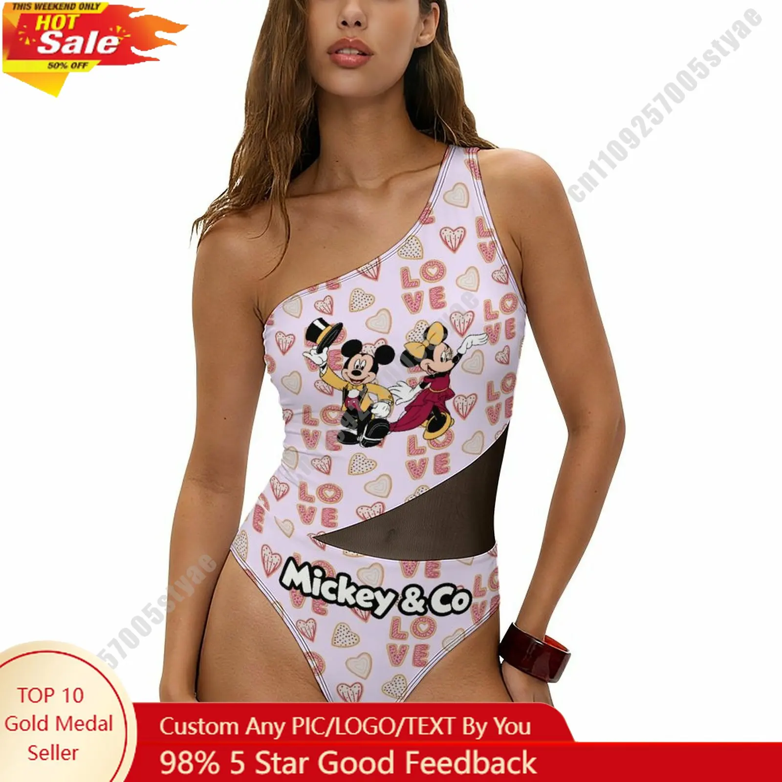 

Mickey Minnie Mouse Swimwear Disney Cartoon Women Mesh One Piece Swimsuit Summer Fashion Beachwear Tummy Control Swimsuit