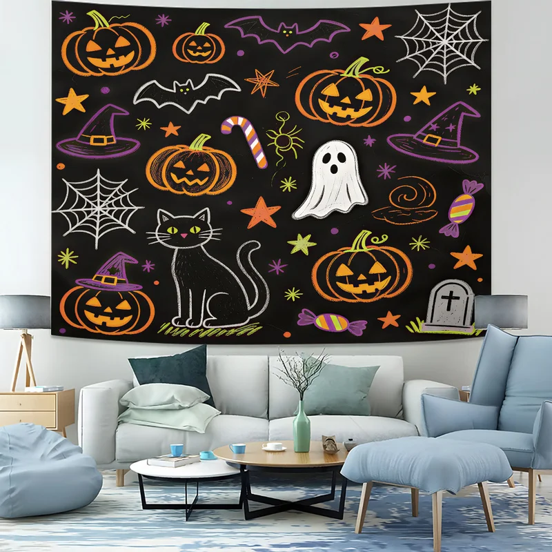 Cute Halloween Print Tapestry Cartoon Ghost Black Cat Pumpkin Tombstone Wall Hanging Kawaii Backdrop Wall Decor Holiday Gift