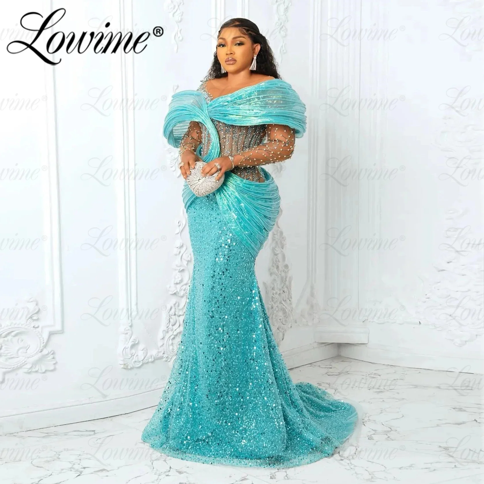 Aso Ebi Beaded Mermaid Prom Dresses African Women Aqua Blue Evening Gowns Luxury Long Sleeve Wedding Reception Prom Party Dress