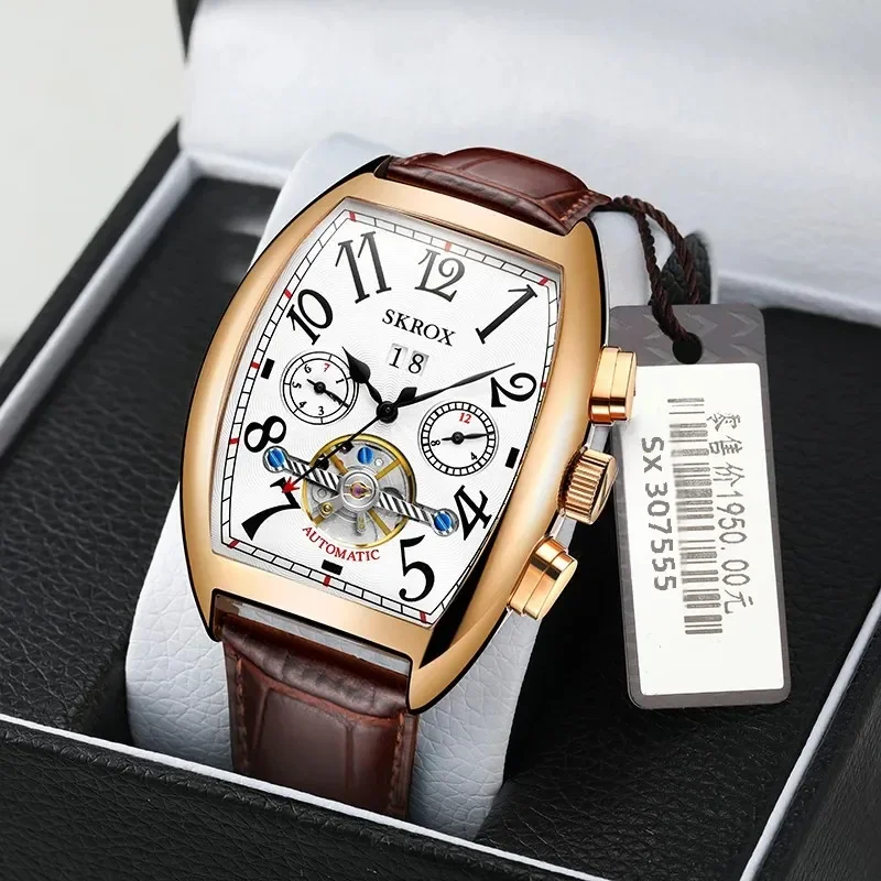 SKROX Shanghai movimiento automático Tourbillon Tonneau marcas de lujo reloj de hombre relojes de pulsera mecánicos para hombre reloj con correa de cuero