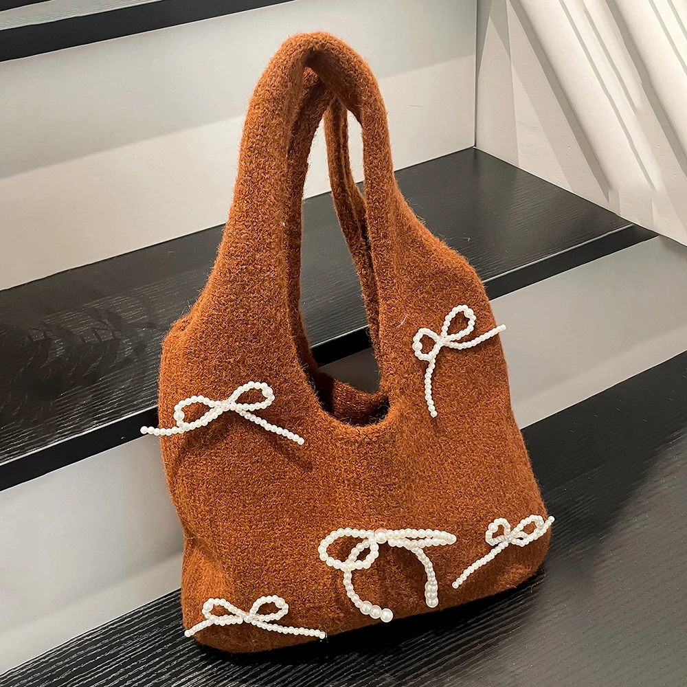 

Korean Style Chic Handbags Women's Elegant Beading Bow Hand-Held Bags Autumn Winter Soft All-Match Lipstick Coins Packs