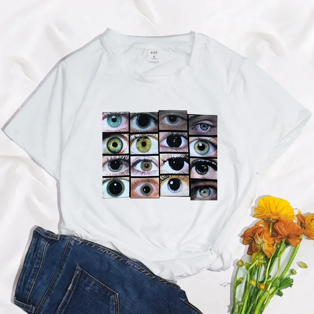 90s الهيب هوب عيون القوطية مضحك Mujer Camisetas أسود أبيض تي شيرت جماليات الجرافيك تي شيرتات قصيرة الاكمام البوليستر تي شيرت