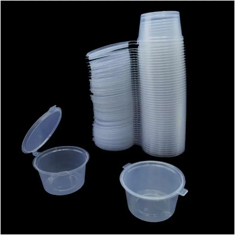 Vasos de plástico transparente desechables para salsa con tapas, 50/100 unidades, recipientes pequeños de calidad alimentaria para salsa, chutney, salsa de chile, cocina