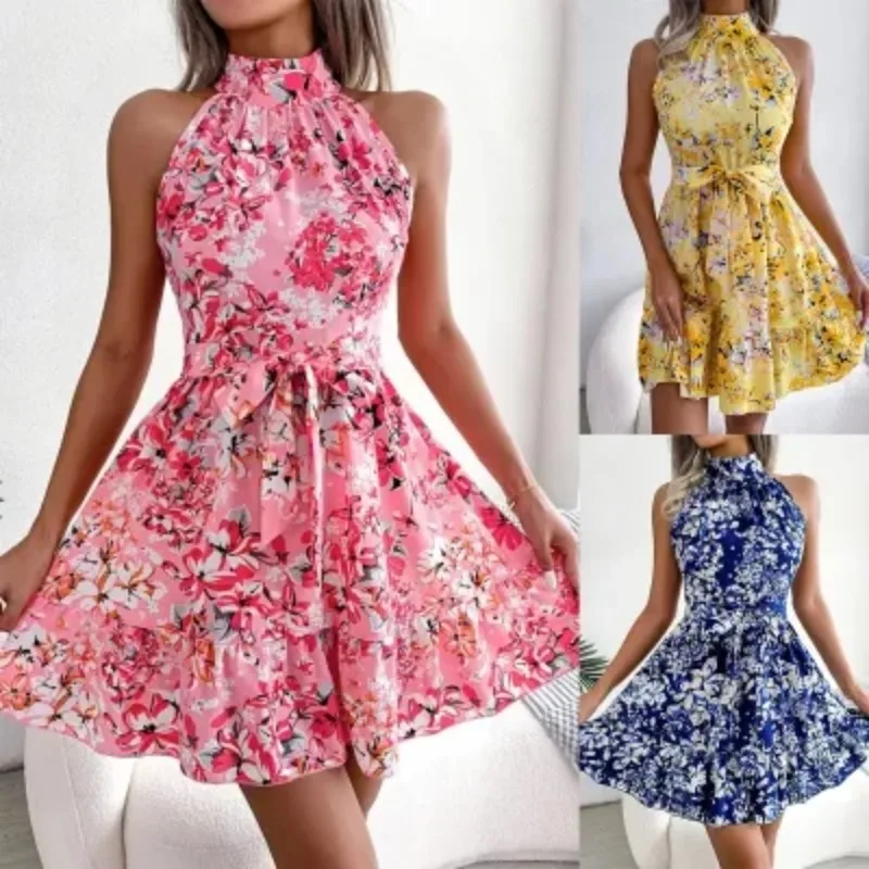 

Summer new women's fashion floral halter waist dress