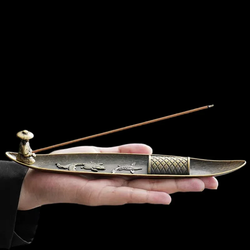 Japanese Style 21cm Zen Fishing Man Incense Burner Metal One Leaf Sandalwood Incense Sticks Holder Alloy Home Decor Ornaments
