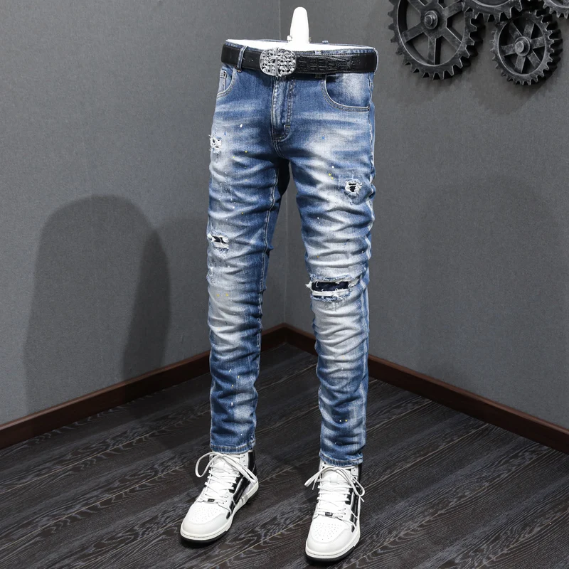 Fashion Streetwear Men Jeans Retro Blue Elastic Stretch Slim Fit Ripped Jeans Men Patchwork Designer Vintage Denim Pants Hombre