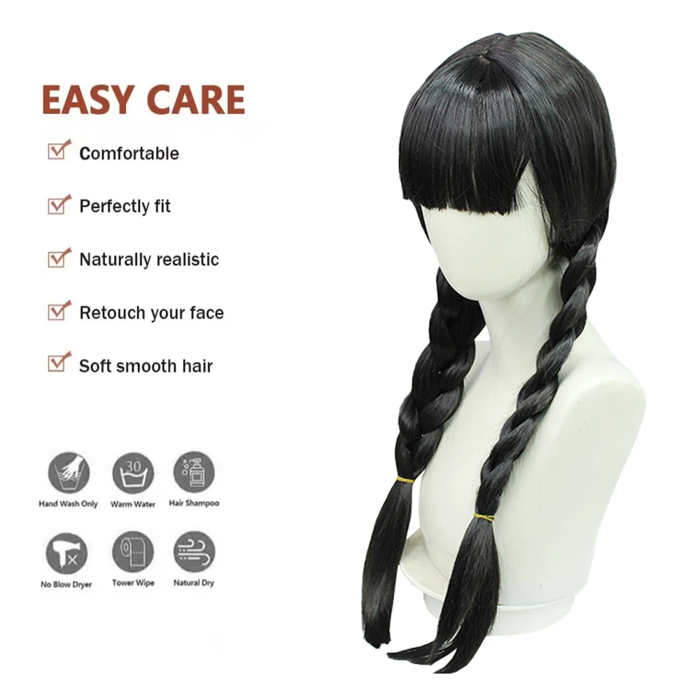 شعر صناعي من الأربعاء آدامز كوسبلاي، أسود وبني مع غرة وضفائر، مناسب للحفلات اليومية، شعر مستعار مقاوم للحرارة