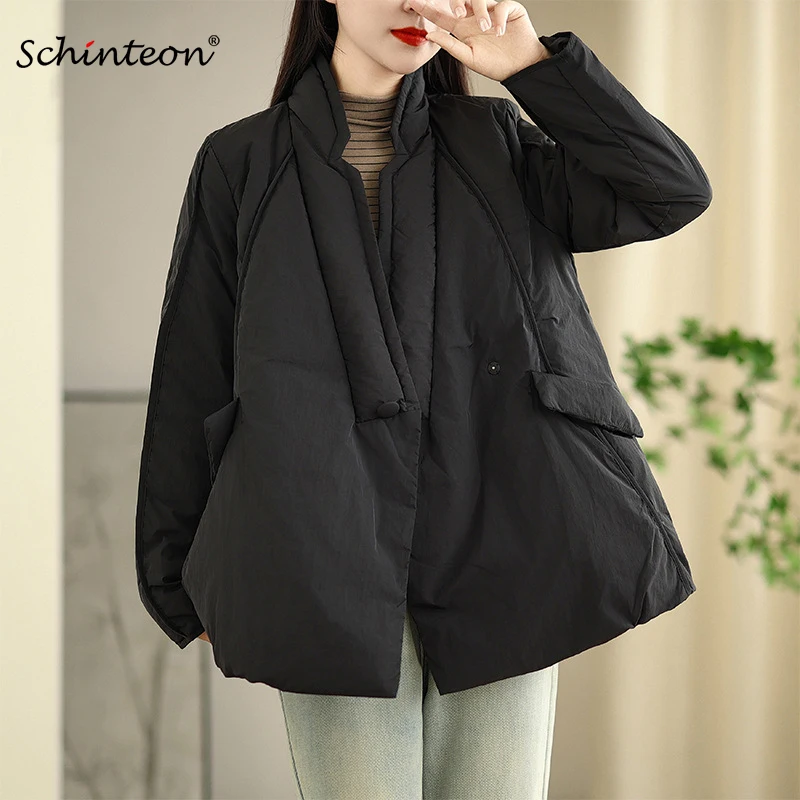 

Schinteon женская куртка на белом утином пуху в китайском стиле, свободная осенне-зимняя винтажная толстая верхняя одежда с v-образным вырезом и воротником, новинка 2023 г.