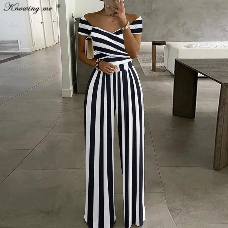 Summer Stripe print Jumpsuit Women High Waist Short Sleeve Wide Leg Long Pants Romper Office Lady Sexy off shoulder overalls