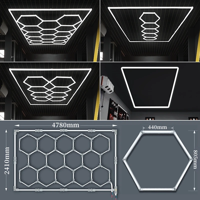 Teto Hexagon LED Garage Light, favo de mel detalhando, Car Auto Body Repair, Wash Station, Workshop Linear Bar, Tubo de luz com moldura