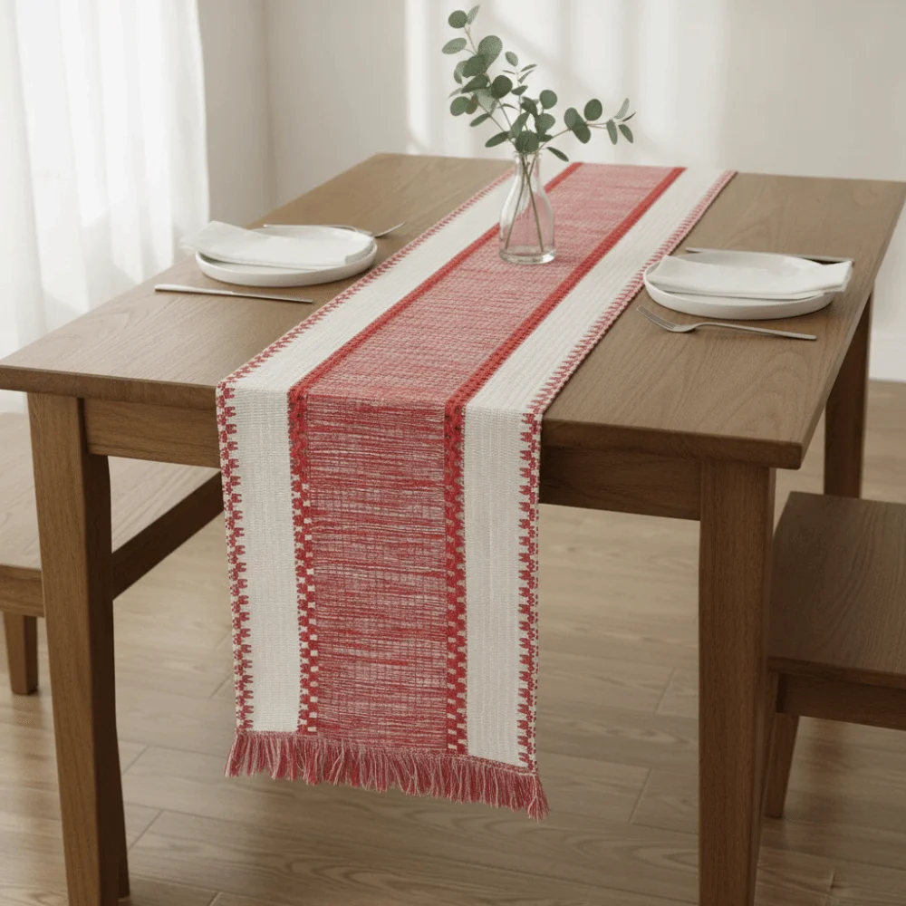 Splicing Color Farmhouse Table Runner with Gradient Tassel Non-slip Long Tablecloth Rectangular Stain-resistant Table Cover