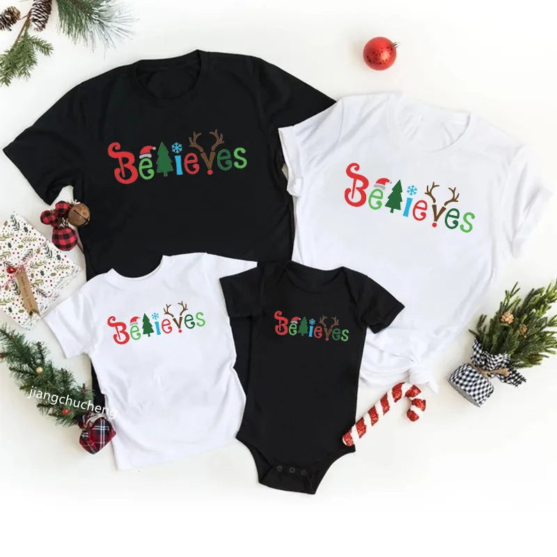 Funny Believe In Christmas Family Matching Outfits Cotton Father Mother Daughter Son Tshirt Baby Romper Family Look Xmas Clothes