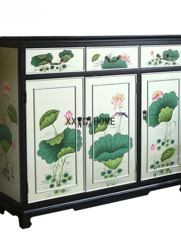 TAO Solid Wood Painted Lotus New Classical Entrance Cabinet Screen Hallway