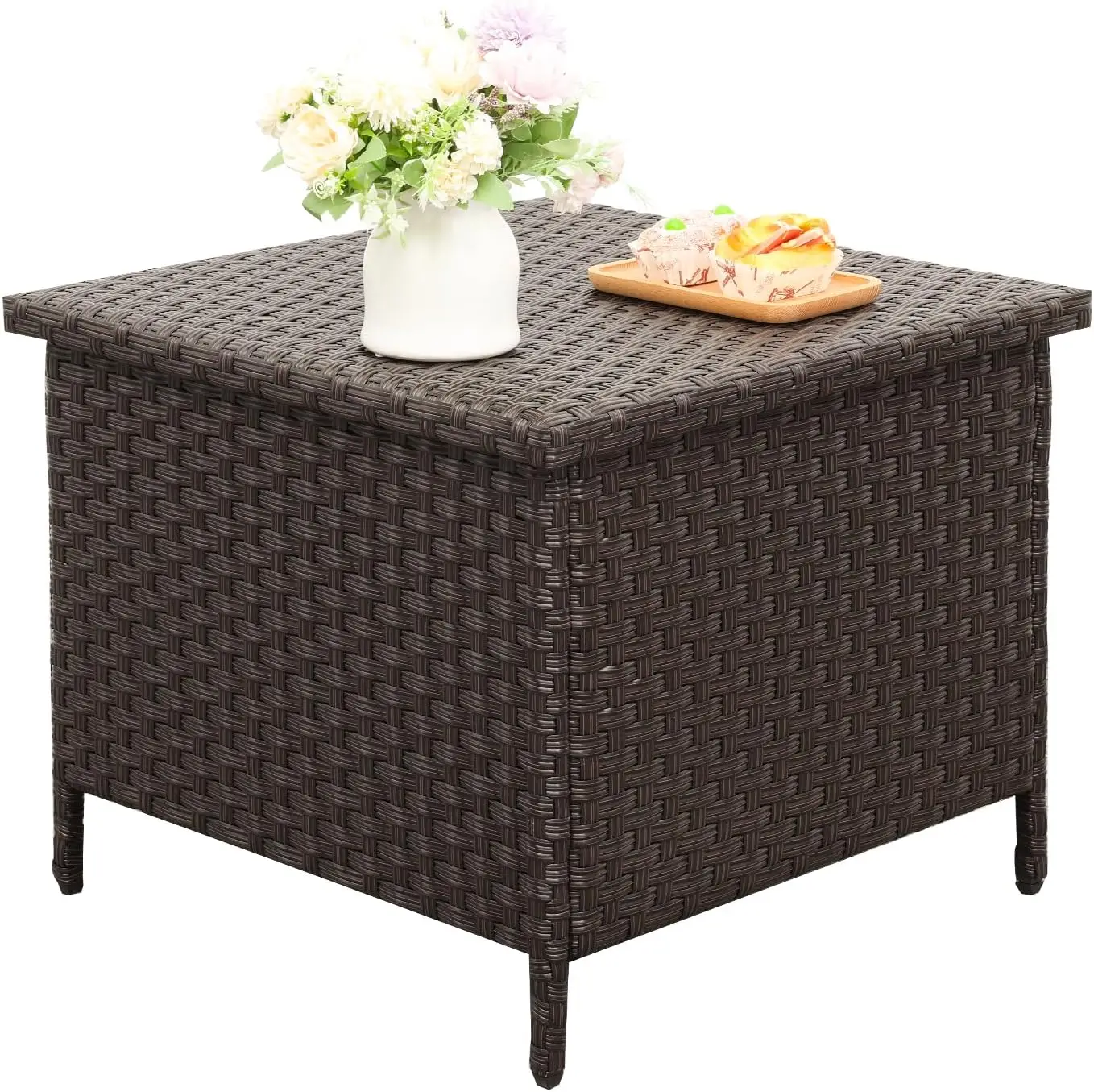 

Outdoor PE Wicker Side Table with Storage Patio End Table Resin Rattan Storage Table for Garden Backyard Porch Poolside, Brown