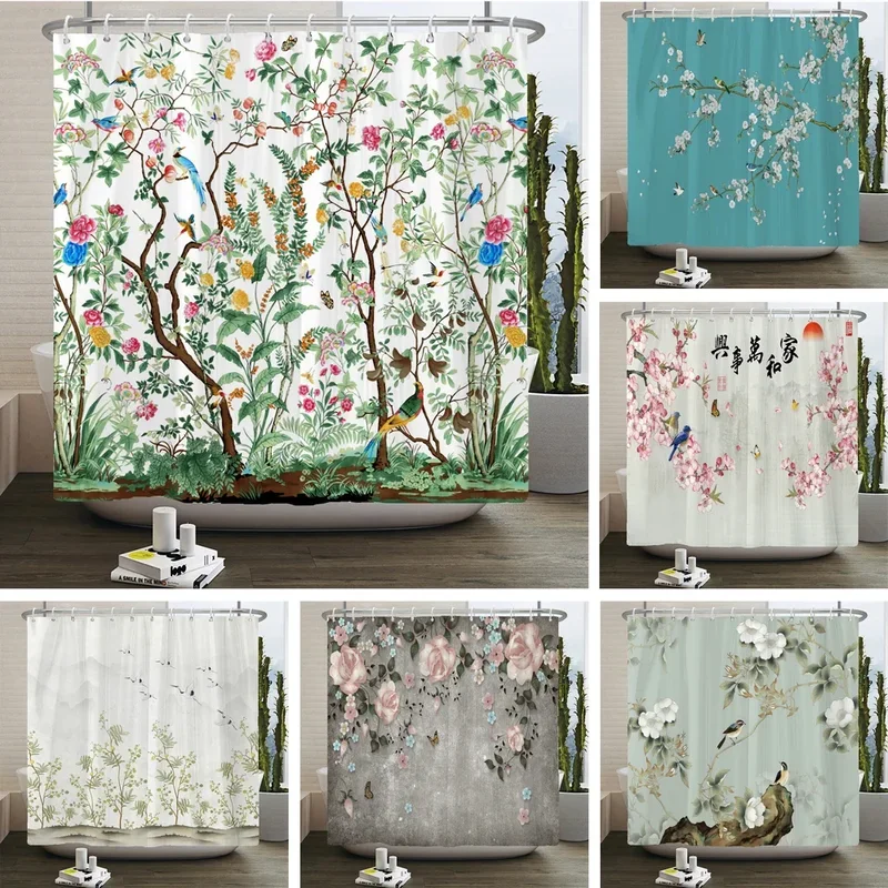 Plant Flowers and Birds Shower Curtain 180x180cm Floral Printed Shower Curtain Polyester Bath Curtain Bathroom Decor With Hooks