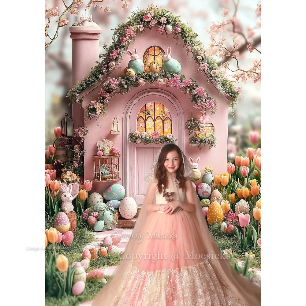 Mocsicka Easter Garden Background Photography Spring Pink Egg House Flowers Window Backdrop Decor Girl Birthday Cake Smash Photo