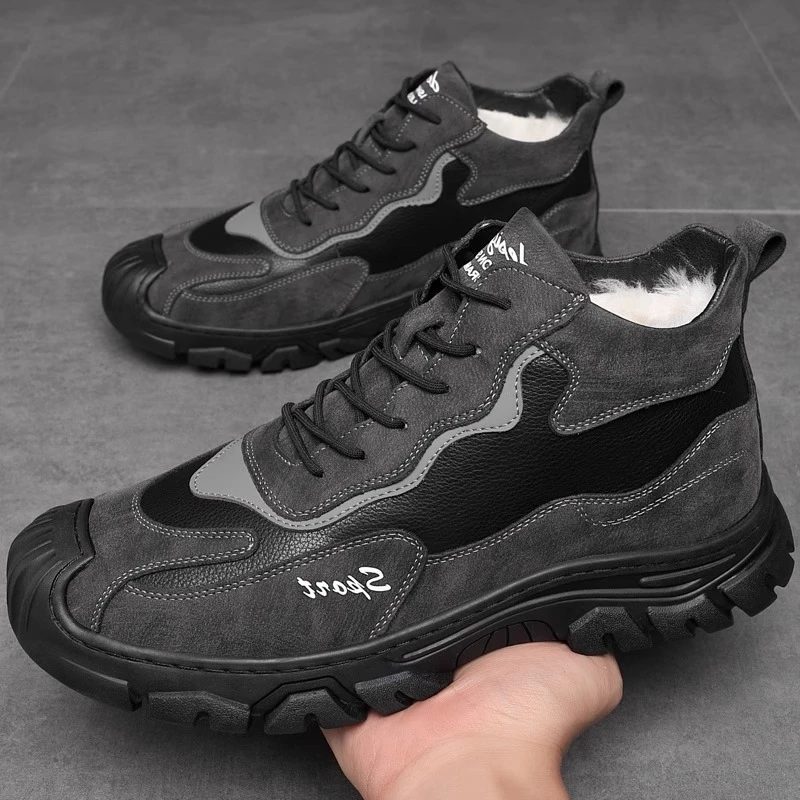 

Men's Shoes Winter Warm Wool High Top Outdoor Hiking Snow Boots Male Anti Slip Thick Sole Casual Cowhide Sport Cotton Boots