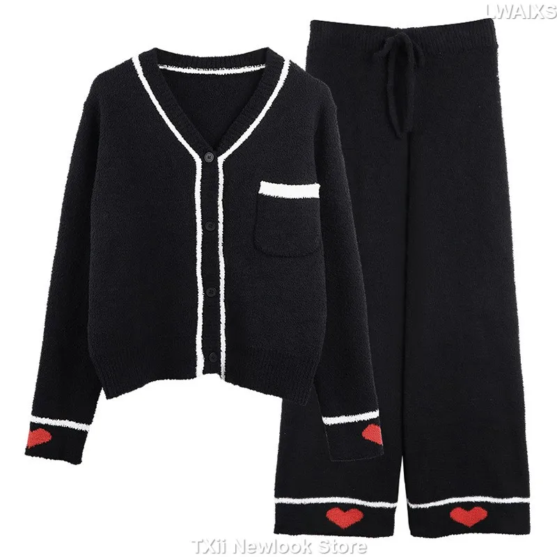 TXii Newlook Soft Pajamas Women's Two-Piece Suit Autumn and Winter Hand-Painted Cartoon Flower Outer Wool Knitted Home Clothes