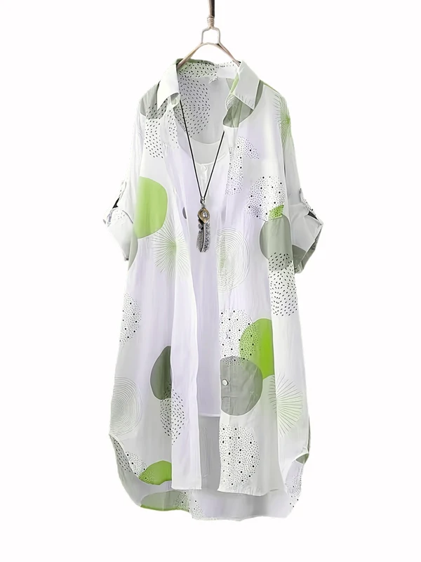 Damen Loose Long Sve Bedruckte irt Frühling Sommer UV-Schutz Casual Sle Polyester Stoff Mittellange Oberbekleidung