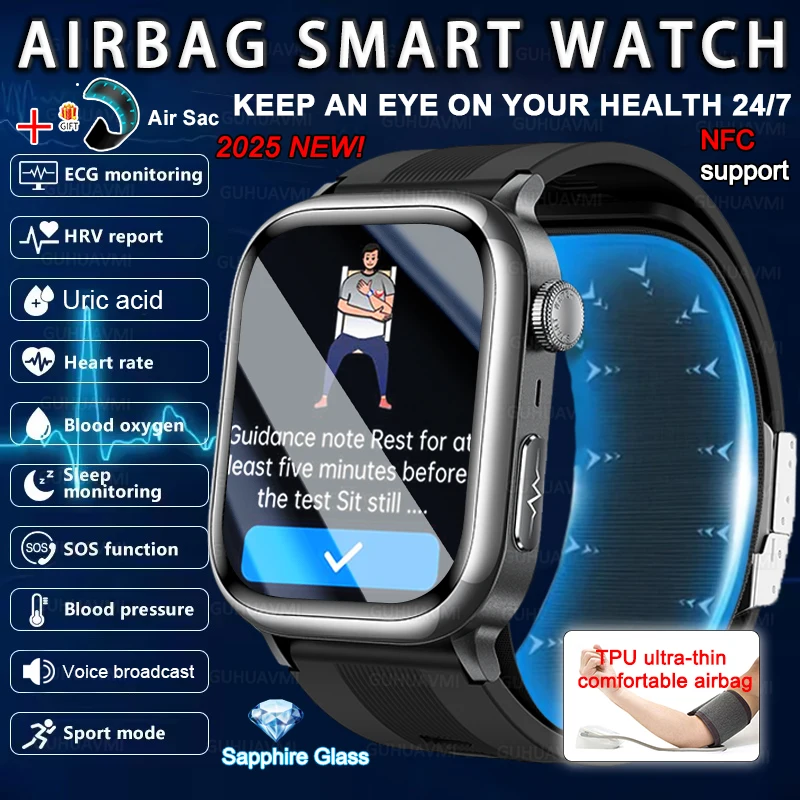 

NEW air pump airbag strap smartwatch Accurate Bloodpressure ECG analysy lipids Uric acid Body analysis Health Smart Watches 2025