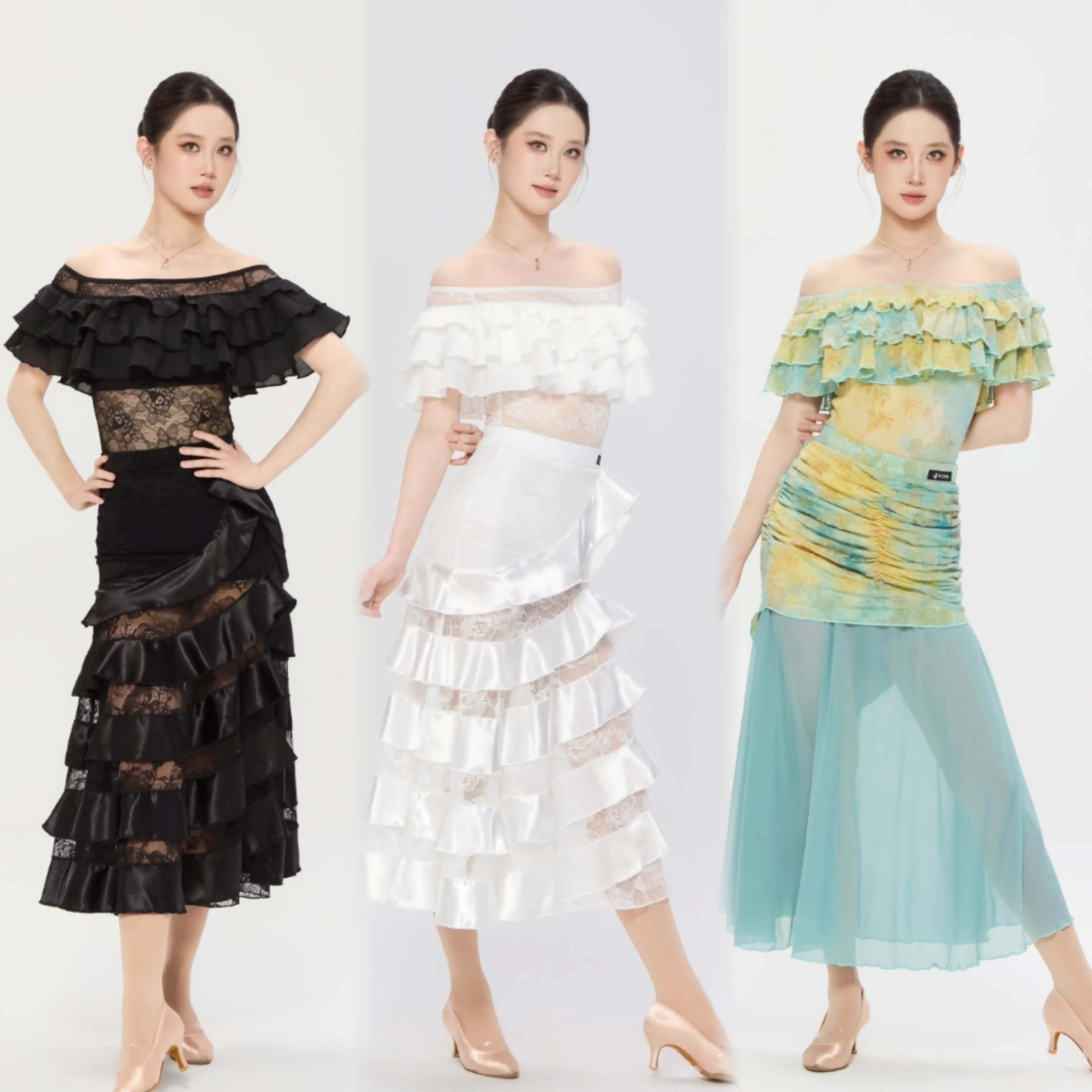 

Latin Ballroom Dance Clothes Women Ruffled Tops Skirt Off Shoulder Waltz Dance Performance Dresses Club Ballroom Practice Wear