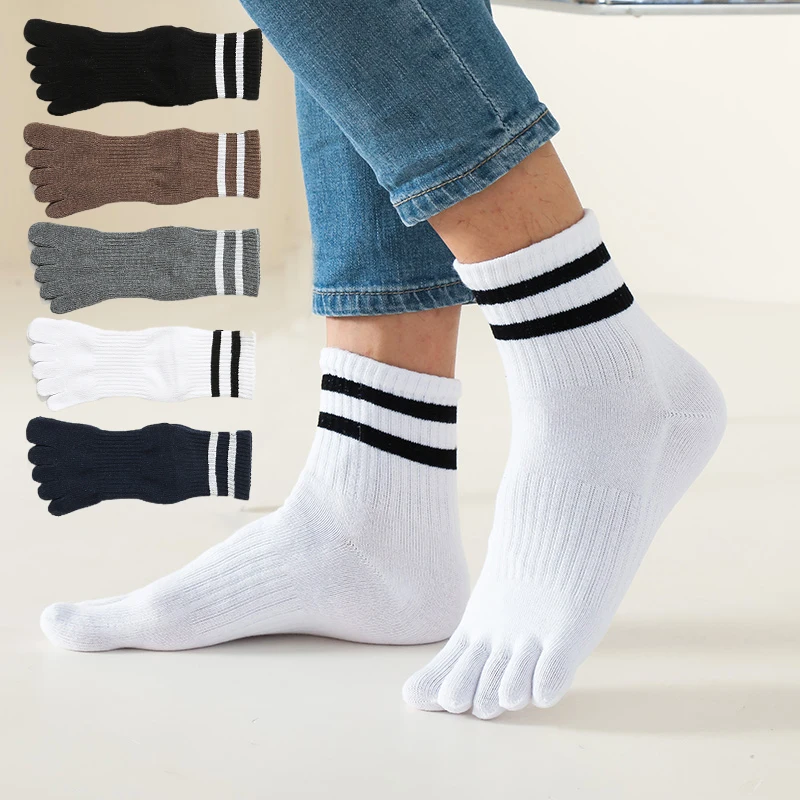 1 Pairs Man 5 Finger Socks Soft Cotton Black White Striped Fashion Simple Party Dress Tube Socks Husbands Fathers Sokken