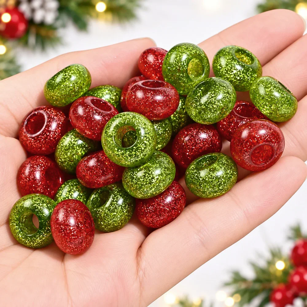 iYOE 10/50pcs 8x14mm Christmas Acrylic Glitter Wheel Beads Red Green Large Hole Beads for DIY Jewelry Making Gifts Supplies
