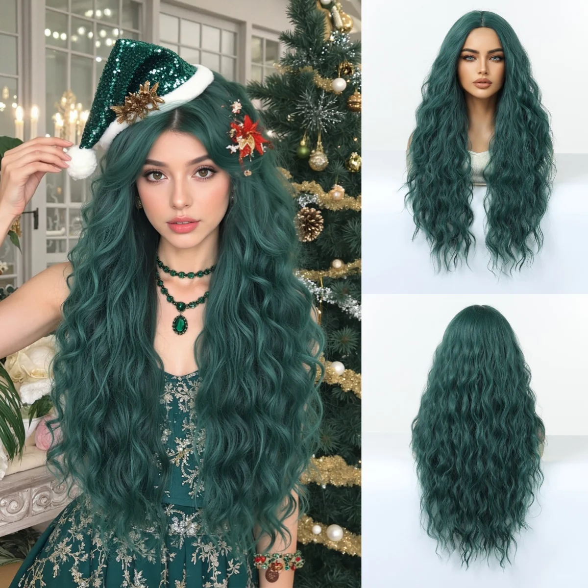 شعر مستعار اصطناعي طويل مموج أخضر داكن الجزء الأوسط شعر مستعار كوسبلاي للنساء شعر طبيعي حفلة عيد الميلاد استخدام شعر مستعار ألياف مقاومة للحرارة